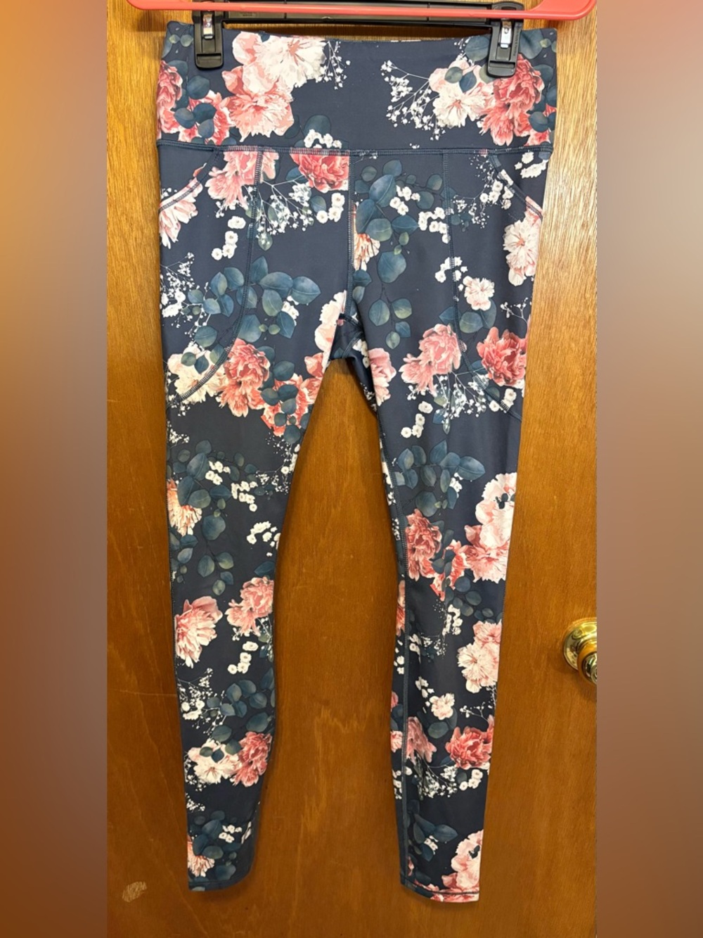 Duluth Trading Co Navy Floral Leggings with Pink Blooms